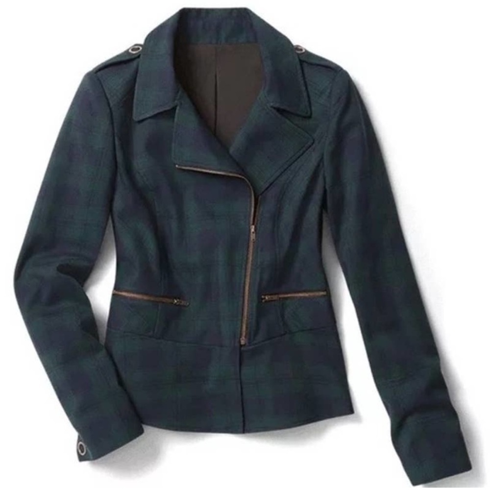 CABI #3181 Green‎ & Navy Tartan Plaid Asymmetrical Zip Moto Jacket sz 4 Women's